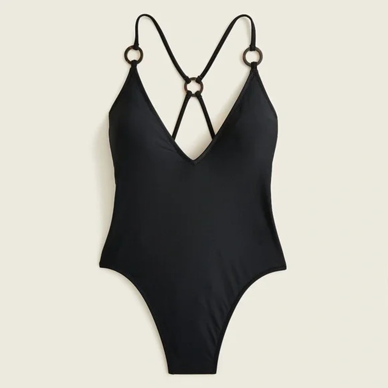Nwt J. Crew Black O-Ring V-Neck One-Piece Swim Bathing Suit Women's Size 24